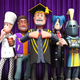 A small group of students and a teacher stand together in front of a large purple curtain.